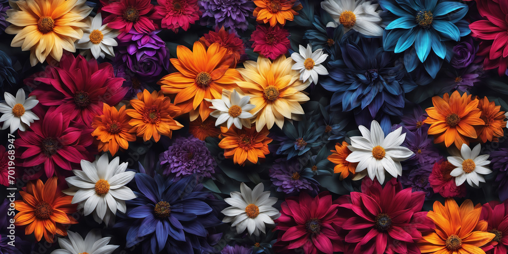 Colorful background of many bright flowers of different types. Nature illustration. Generative AI Colorful background of many bright flowers of different types. Nature illustration. Generative AI