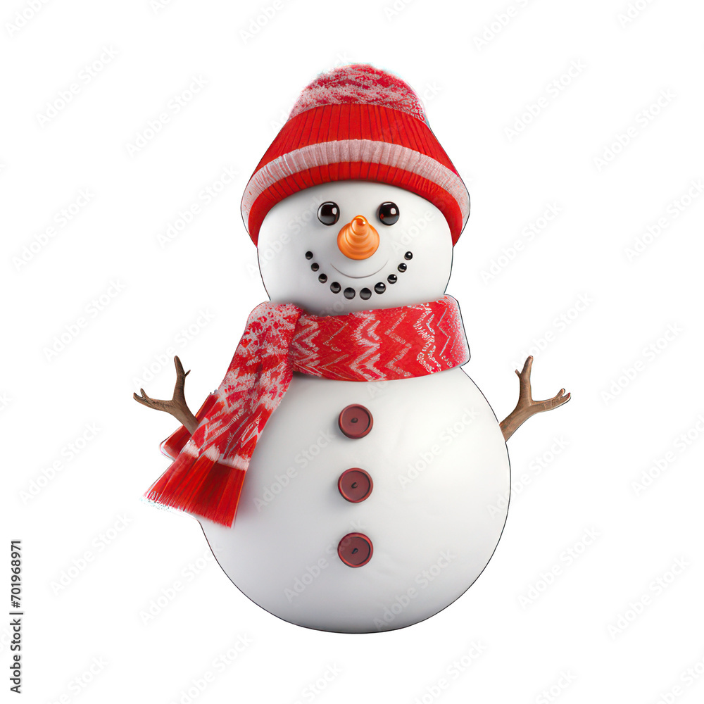 Snowman with hat and scarf isolated on white created with Generative AI