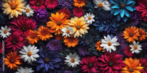 Colorful background of many bright flowers of different types. Nature illustration. Generative AI