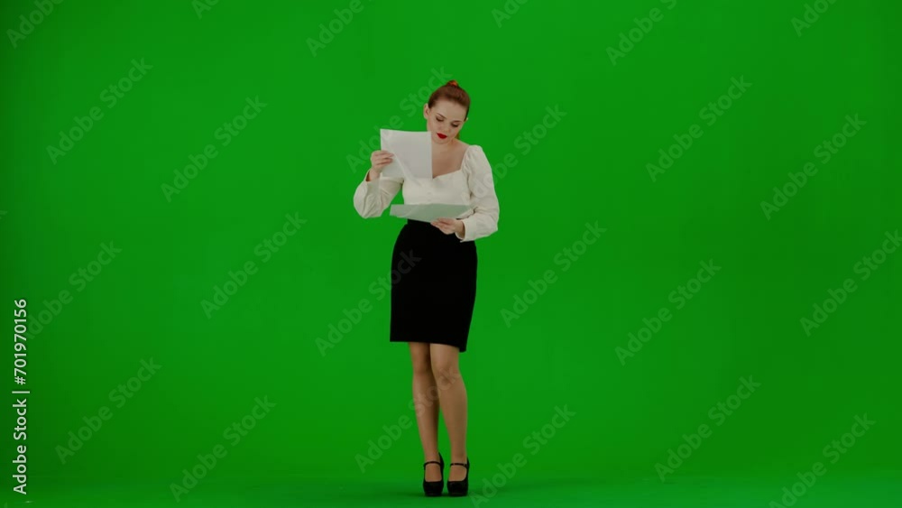 Portrait of attractive office girl on chroma key green screen. Woman in skirt and blouse reading documents, starts dancing, smiling expression. Portrait of attractive office girl on chroma key green screen. Woman in skirt and blouse reading documents, starts dancing, smiling expression.