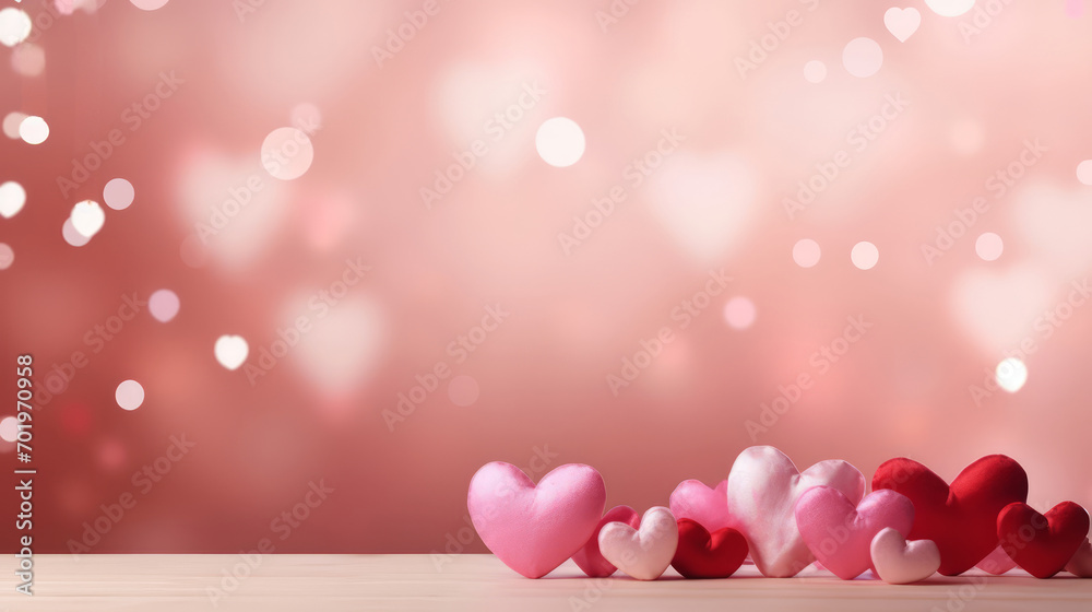 Red and pink hearts on soft bokeh background. Banner with copy space. Template for valentine card, greeting, invitation, postcard, advertisement. Ideal for Valentines Day or love themed designs