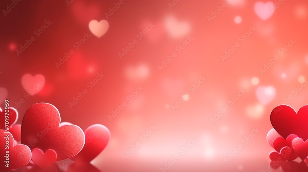 Banner with copy space for Valentines Day. Red hearts on soft bokeh background. Mockup for valentine card, greeting, invitation, postcard, promotion. Ideal for love themed designs