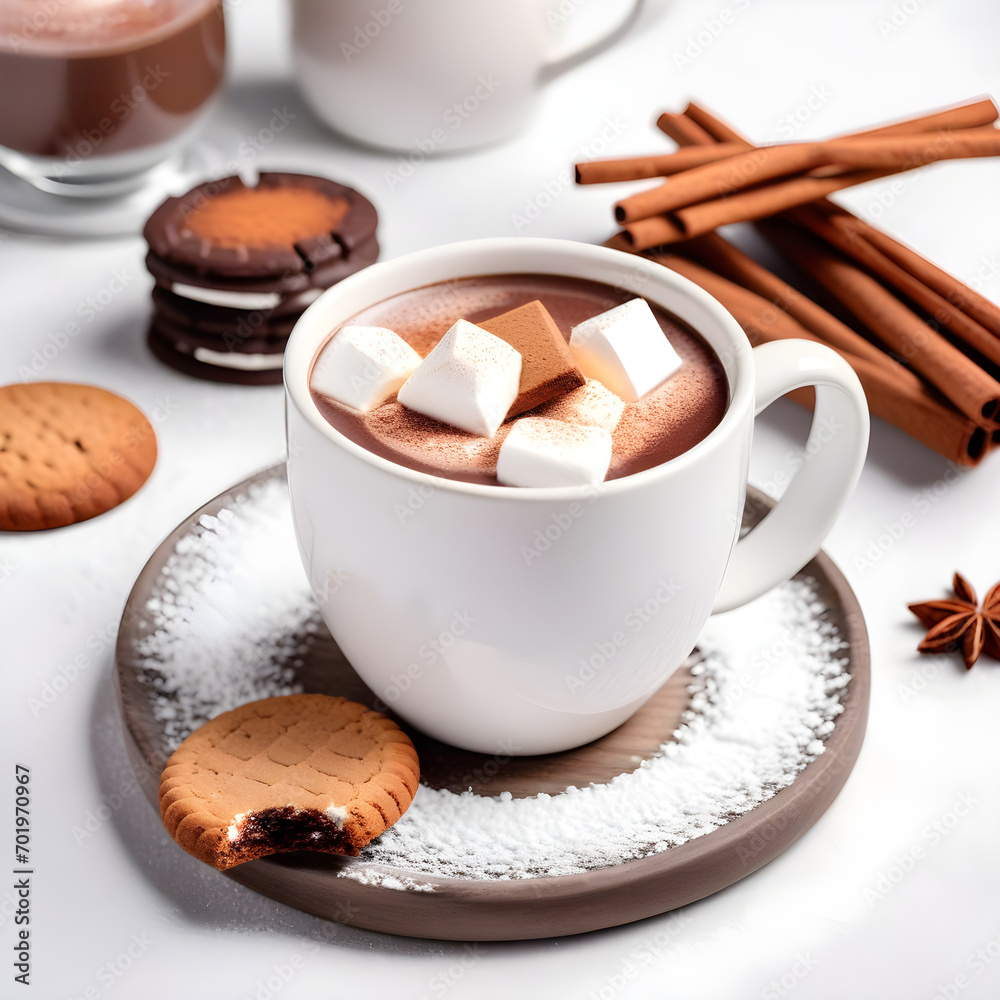 Cup of hot cocoa or chocolate with marshmallow, cinnamon and cookies on white table. Traditional winter drink. Cup of hot cocoa or chocolate with marshmallow, cinnamon and cookies on white table. Traditional winter drink.