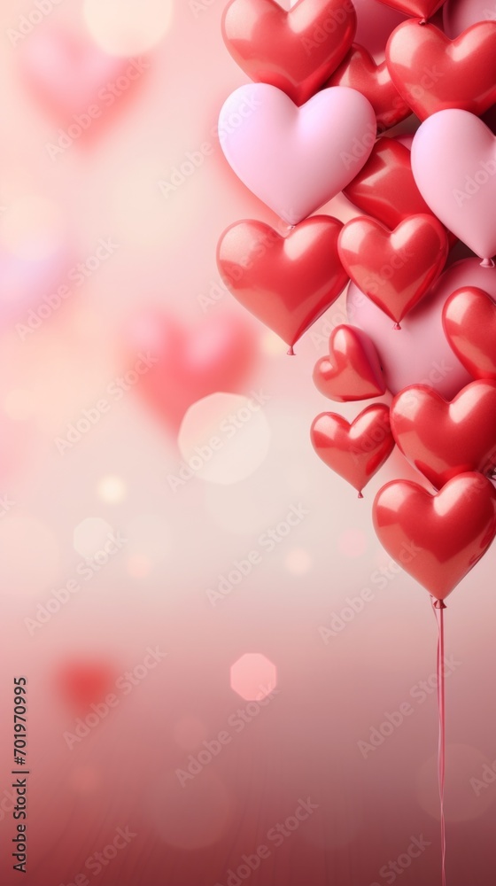 Red and Pink Heart Balloons on a Light bokeh Background. Ideal for Valentines Day or Romantic Occasions. With copy space. Vertical format.