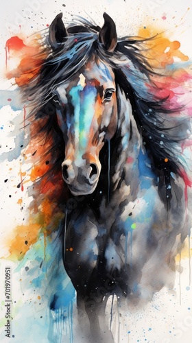 Rainbow Black Horse In watercolor style. On background of aquarelle splashes and stains. Fantasy illustration. Ideal for book cover, postcard, greeting, wall art, decor, web design, print on items.