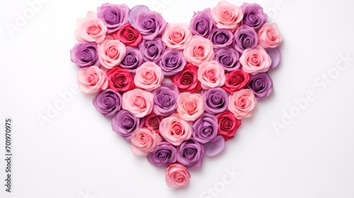 Floral Heart. Pink, purple and red roses arranged in a heart shape on a white background. Ideal for Valentines Day, anniversaries, or romantic occasions.