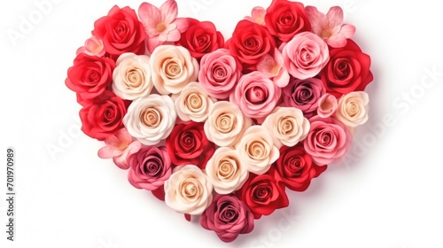 Floral Heart. Pink, red and white roses arranged in a heart shape isolated on a white background. Ideal for Valentines Day, anniversaries, or romantic occasions.