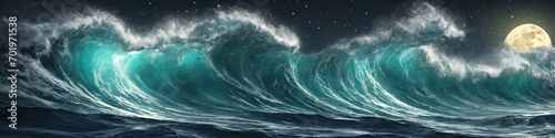 Banner with giant ocean surf wave at night. Seascape illustration with night stormy sea, turquoise water with white foam and splashes, moon and starry sky. Generative AI