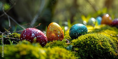 Vibrant Easter eggs on a bed of moss for a banner.