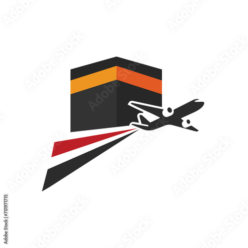 Hajj and umrah agency logo, tour and travel icon. flying airplane with kabah illustration.