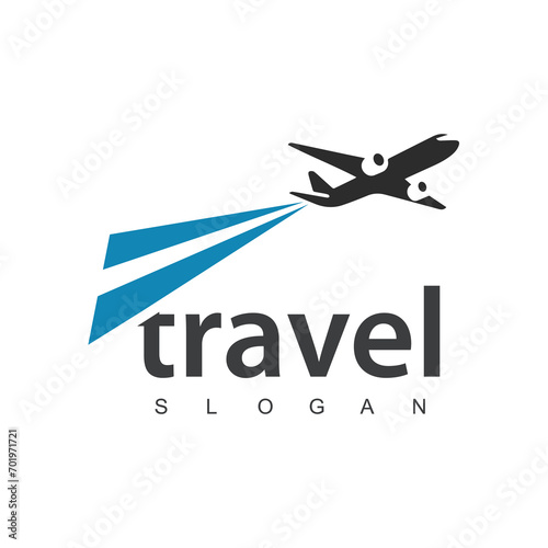 Tour and travel logo, flying airplane illustration