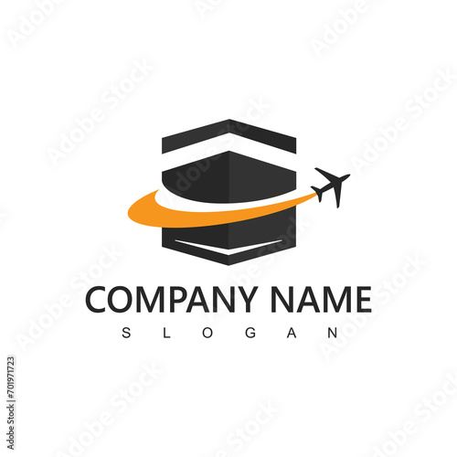 Hajj and umrah agency logo, tour and travel icon. flying airplane with kabah illustration.