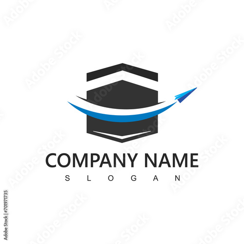 Hajj and umrah agency logo, tour and travel icon. flying airplane with kabah illustration.