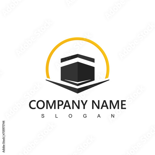 Hajj and umrah agency logo, tour and travel icon. flying airplane with kabah illustration.