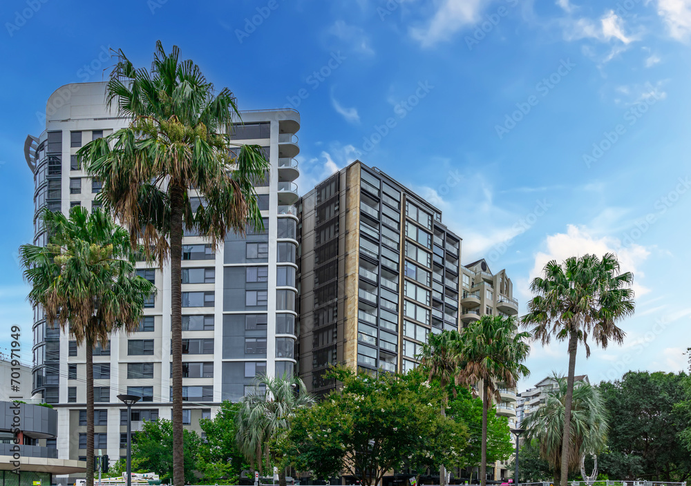 Fototapeta premium Apartment block in Sydney NSW Australia with views of Sydney Harbour and Sydney Harbour Bridge