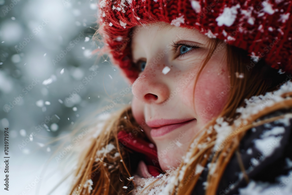 Happy kid wearing warm clothes plays outdoors with snow in winter. Happy kid wearing warm clothes plays outdoors with snow in winter.