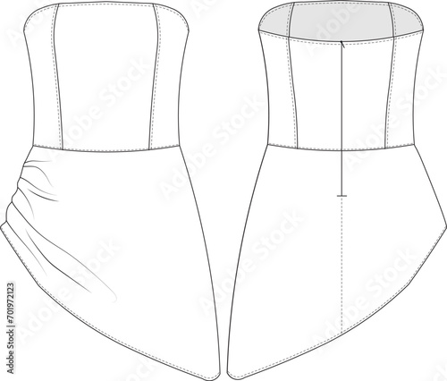 strapless sleeveless  asymmetric mini short evening dress gown template technical drawing flat sketch cad mockup fashion woman design style model 