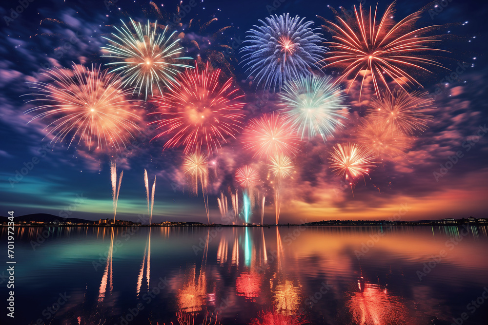 Spectacular Fireworks Display Over Calm Lake at Night