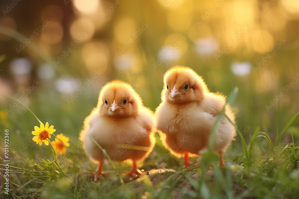 Two adorable chicks stand amidst green grass, illuminated by the soft, warm light of the golden hour