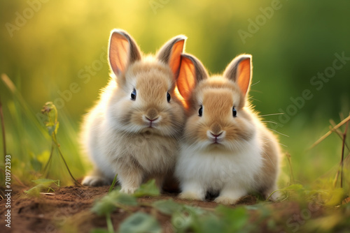 This image captures two adorable bunnies enjoying the warmth of the sun in a lush green meadow.