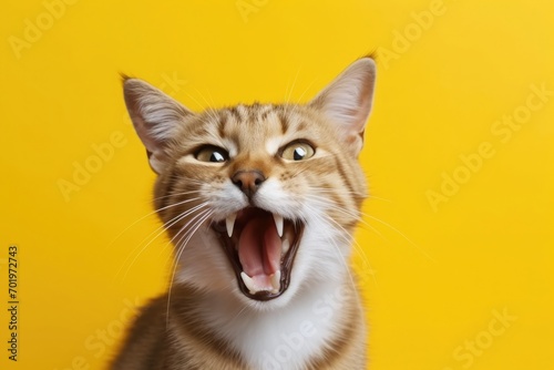 Upset cat, kitten screaming and crying with opened mouth. fluffy home pet is angry and swears on a yellow, orange background.
