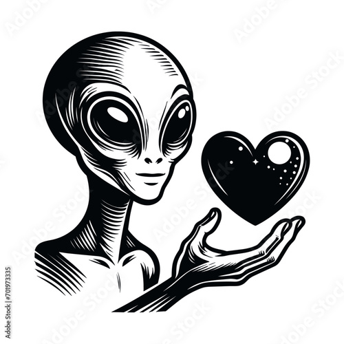 alien with a heart retro sketch