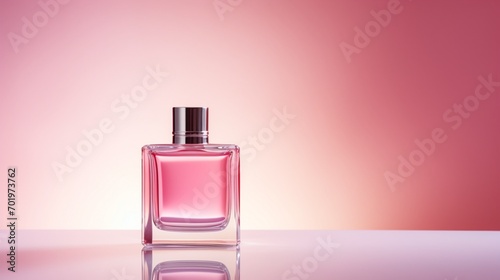 A close-up shot of a minimalist pink perfume bottle against a gradient background.