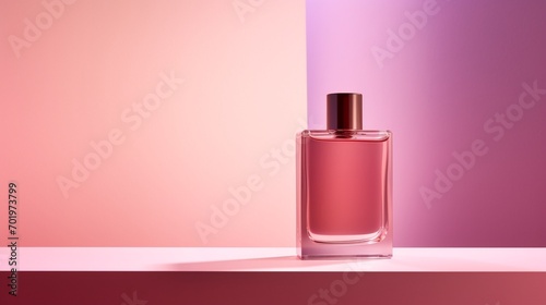 A close-up shot of a minimalist pink perfume bottle against a gradient background.