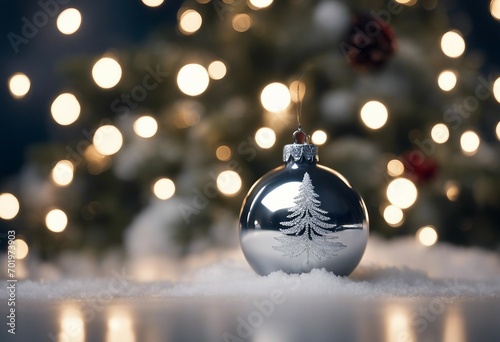 Christmas holiday background Silver bauble hanging from a decorated on tree with bokeh photo