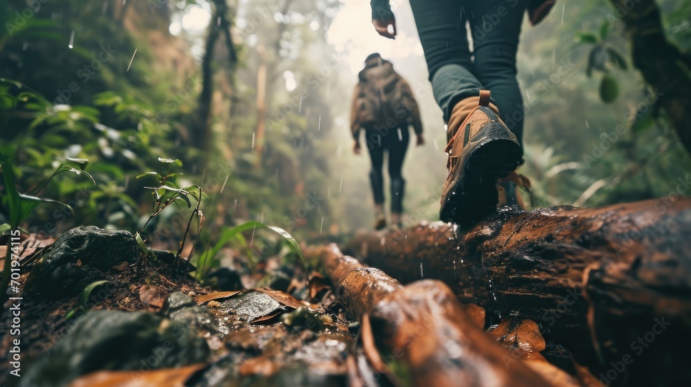 Jungle Challenge: In a low angle shot, an Asian couple attempts to climb over a log in a raining jungle, with the focus on their trekking shoes in this adventurous and challenging trek.

 - obrazy, fototapety, plakaty 