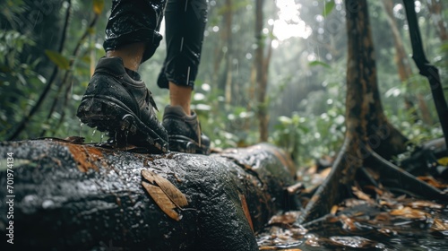 Jungle Challenge: In a low angle shot, an Asian couple attempts to climb over a log in a raining jungle, with the focus on their trekking shoes in this adventurous and challenging trek.