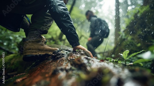 Tela Jungle Challenge: In a low angle shot, an Asian couple attempts to climb over a log in a raining jungle, with the focus on their trekking shoes in this adventurous and challenging trek