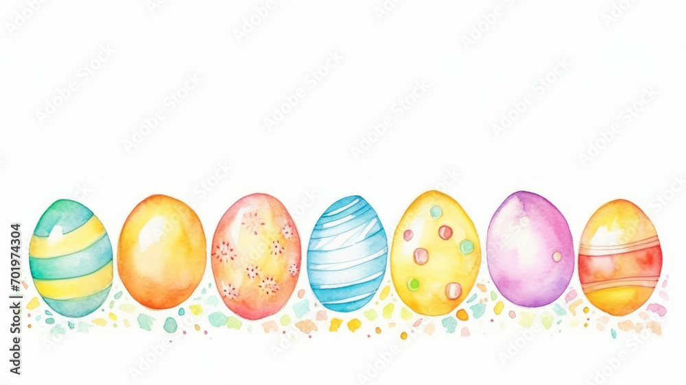 Row of seven watercolor Easter eggs in pastel yellow, green, pink color. joy and creativity of Easter holiday in springtime Row of seven watercolor Easter eggs in pastel yellow, green, pink color. joy and creativity of Easter holiday in springtime