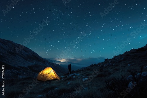Wilderness Cosmos  In the Albanian wilderness  a trekker s campsite is illuminated by the clear night sky and twinkling stars  captured with high aperture and long exposure for a stunning night landsc