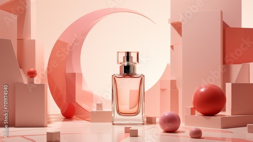 A rendered image featuring a chic pink fragrance bottle surrounded by abstract geometric shapes.