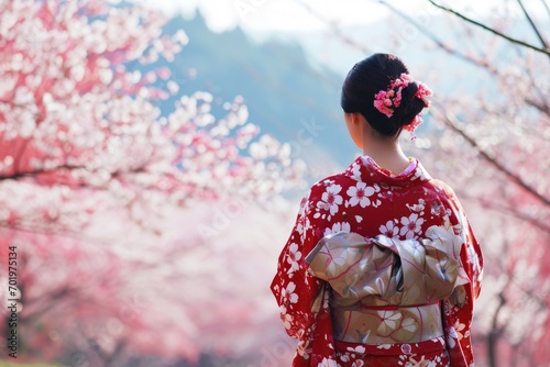 Sakura Serenade: A Back View of an Asian Woman in Kimono, Embraced by Scenic Cherry Blossoms, Embodies the Tranquil Beauty and Grace of a Geisha in Traditional Japanese Culture.




