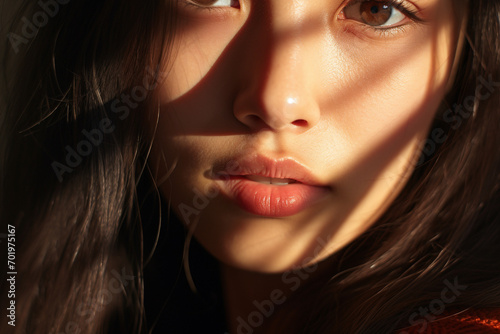 Extreme close up of asian woman with striking eyes and pouty lips.Face of beautiful caucasian woman. interplay of light and shadow. Dramatic composition. High quality photo photo