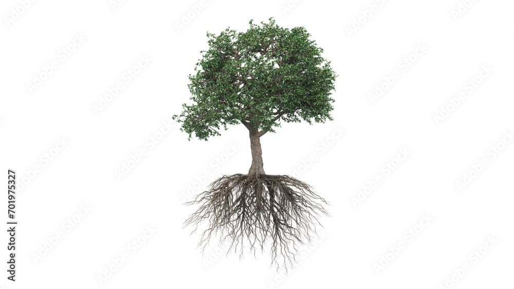 Isolated Tree With Roots moving with wind - looping animation
