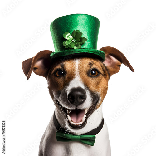 Green St. Patrick's Day Hat enhancing the appearance of Jack Russell Dog, Isolated on Transparent Background, PNG