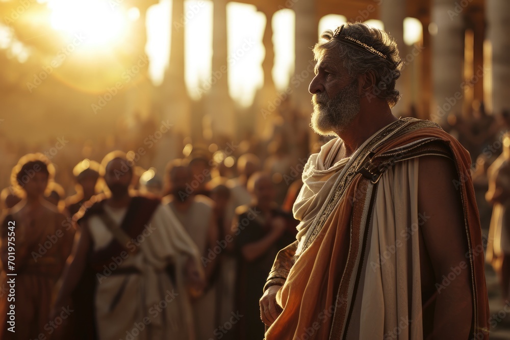 Birth of Democracy: A Cinematic Scene of Cleisthenes in His Fifties, Addressing the Athenian Assembly in the Agora, Bathed in Warm Greek Sunlight and Sun Flare.

