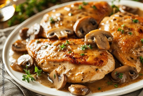 Savor the Gourmet Pleasure of Chicken Marsala with Mushrooms, featuring Chicken Breasts in a Flavorful Marsala Wine Sauce with Garlic and Herbs - A Delicious Italian-inspired Culinary Creation photo