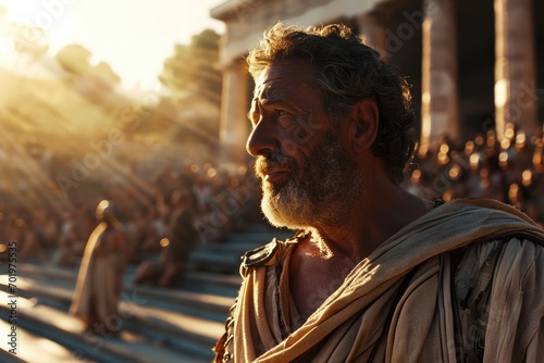Birth of Democracy: A Cinematic Scene of Cleisthenes in His Fifties, Addressing the Athenian Assembly in the Agora, Bathed in Warm Greek Sunlight and Sun Flare.

