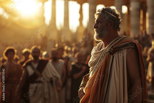 Birth of Democracy: A Cinematic Scene of Cleisthenes in His Fifties, Addressing the Athenian Assembly in the Agora, Bathed in Warm Greek Sunlight and Sun Flare.

