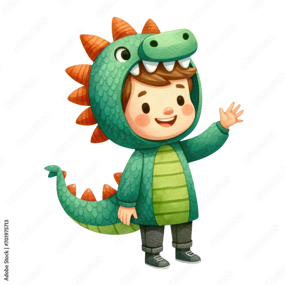 Watercolor cute kid in dragon suit. Happy kid in green dragon costume. Year of the dragon concept. Chinese new year illustration. Watercolor cute kid in dragon suit. Happy kid in green dragon costume. Year of the dragon concept. Chinese new year illustration.