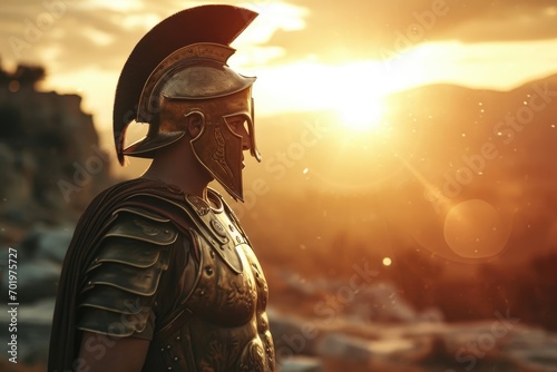 The 300 Legacy: Cinematic Depiction of Leonidas I, Spartan King in His Prime, Wearing a Bronze Cuirass, Firmly Positioned at the Narrow Pass of Thermopylae, Sunlight and Sun Flare Symbolizing Spartan 