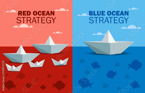 Illustration of Red Ocean and Blue Ocean Strategy Concept business marketing presentation. Paper boats on red ocean and blue ocean Marketing. Blue Ocean compares with Red Ocean. Vector illustration.
