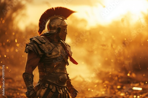 God of Conquest: A Cinematic Scene of Mars, Roman God of War, Clad in Full Battle Armor, Standing Amidst the Battlefield Aftermath, Harsh Sunlight and Sun Flare Emphasizing His Martial Prowess.

 photo