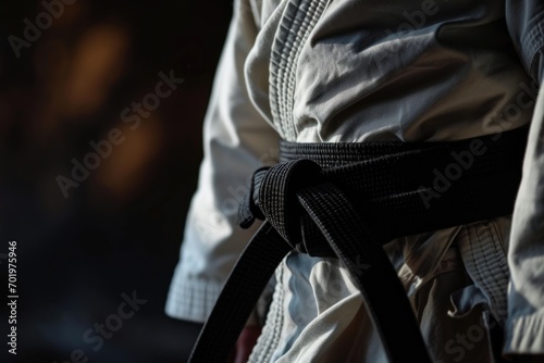 Black Belt Warriors: Person in Kimono and Black Belt on Black Background with Space for Text. Martial Arts Discipline Concept 