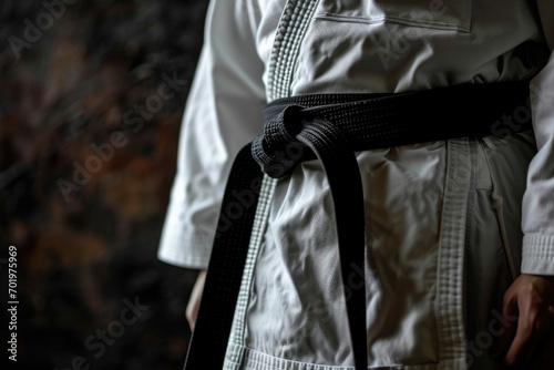 Black Belt Warriors: Person in Kimono and Black Belt on Black Background with Space for Text. Martial Arts Discipline Concept 