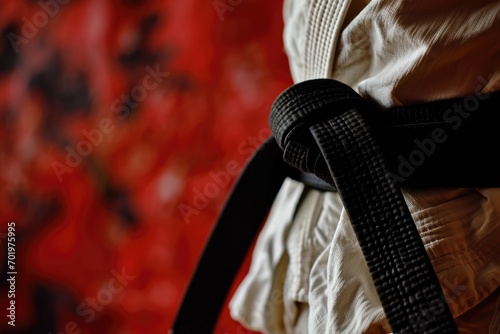 Black Belt Warriors: Person in Kimono and Black Belt on Red Background with Space for Text. Martial Arts Discipline Concept  photo